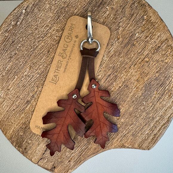 Leather Autumn Fall Purse Charm Oak Leaf Bag Charm Genuine Leather Keychain - Picture 5 of 8